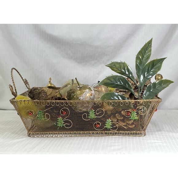 Rustic Holiday Decor Artificial Fruit Filled Gold Wire Basket Set - Picture 4 of 5